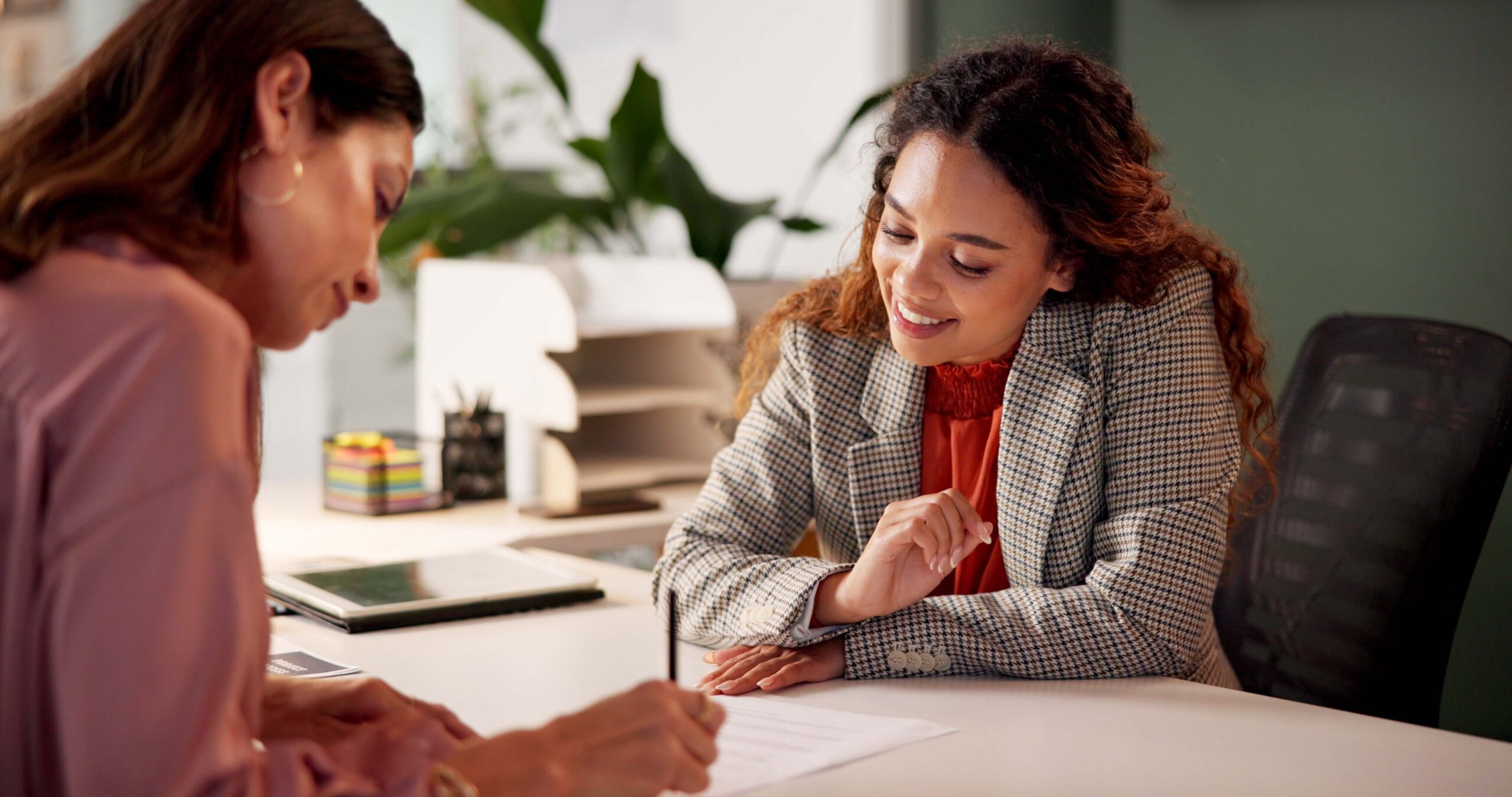 Contract, woman and advisor in office for signature, information or document for job application. Advice, client or human resource agent with paperwork for registration, opportunity or deal agreement